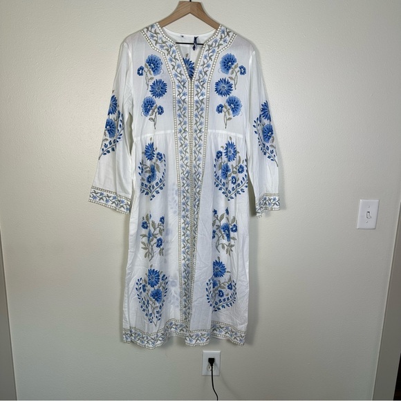 THE COMPANY STORE Bohemian Voile Printed Blue & White Caftan Dress - Picture 2 of 8